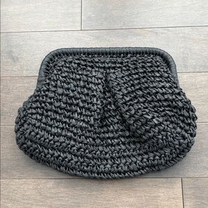 Black Straw Clutch Purse, Raffia Crossbody Shoulder Handbag Summer Gold Chain